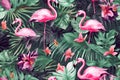 Generative AI. Floral seamless background with a tropical pattern of pink flamingos with exotic flowers, palm leaves. Botanical