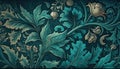 Generative AI, Floral teal, green blue pattern. William Morris inspired natural plants and flowers background, vintage Royalty Free Stock Photo