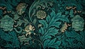 Generative AI, Floral teal, green blue pattern. William Morris inspired natural plants and flowers background, vintage Royalty Free Stock Photo