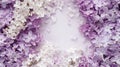 Generative AI Flowers composition Border made of lilac and white flowers Flat lay top view copy space business con