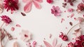 Generative AI Flowers composition Frame made of pink dried flowers and leaves on white background Top view flat la Royalty Free Stock Photo