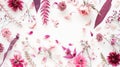 Generative AI Flowers composition Frame made of pink dried flowers and leaves on white background Top view flat la Royalty Free Stock Photo