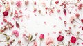 Generative AI Flowers composition Frame made of pink dried flowers and leaves on white background Top view flat la Royalty Free Stock Photo