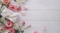 Generative AI Flowers composition Gifts and rose flowers on white wooden table Women Day Flat lay top view copy sp Royalty Free Stock Photo