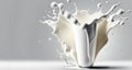 Generative AI, Flowing liquid with splashes in white color. Glossy cream milk fluid banner, 3D effect, modern macro photorealistic