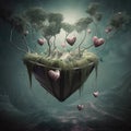 Generative AI: Flying heart island in the sky in fantasy world