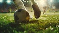 Generative AI Football World Championship Soccer Player Runs to Kick the Ball Ball on the Grass Field of Arena Ful Royalty Free Stock Photo