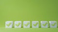 Generative AI Four checkmarks on white cubes against bright green background with copy space Concept of questionar
