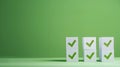 Generative AI Four checkmarks on white cubes against bright green background with copy space Concept of questionar