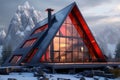 Generative AI Frame wooden triangular house with panoramic windows. Camping in the mountains. The concept of outdoor