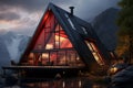 Generative AI Frame wooden triangular house with panoramic windows. Camping in the mountains. The concept of outdoor