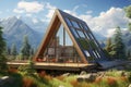 Generative AI Frame wooden triangular house with panoramic windows. Camping in summer mountains. The concept of outdoor