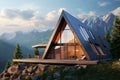 Generative AI Frame wooden triangular house with panoramic windows. Camping in summer mountains. The concept of outdoor