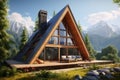 Generative AI Frame wooden triangular house with panoramic windows. Camping in summer mountains. The concept of outdoor