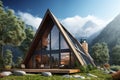 Generative AI Frame wooden triangular house with panoramic windows. Camping in summer mountains. The concept of outdoor