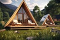 Generative AI Frame wooden triangular houses with panoramic windows. Camping in summer mountains. The concept of outdoor