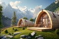 Generative AI Frame wooden triangular houses with panoramic windows. Camping in summer mountains. The concept of outdoor