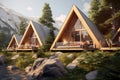 Generative AI Frame wooden triangular houses with panoramic windows. Camping in summer mountains. The concept of outdoor