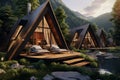 Generative AI Frame wooden triangular houses with panoramic windows. Camping in summer mountains. The concept of outdoor