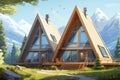 Generative AI Frame wooden triangular houses with panoramic windows. Camping in summer mountains. The concept of outdoor