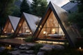 Generative AI Frame wooden triangular houses with panoramic windows. Camping in summer mountains. The concept of outdoor