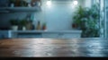 Generative AI Free space table top background on blurred kitchen window interior business concept. Royalty Free Stock Photo