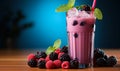 Fresh Berry Smoothie in a Tall Glass with a Striped Straw, Vibrant Purple Drink Accompanied by Blackberries on a Light Blue