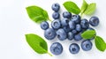 Generative AI Fresh blueberries with bluberry leaves isolated on white background. Top vew. business concept.