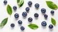 Generative AI Fresh blueberries with bluberry leaves isolated on white background. Top vew. business concept.