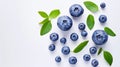 Generative AI Fresh blueberries with bluberry leaves on white background. Top vew. business concept.