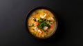 Generative AI Fresh fish soup in bowl on black background top view business concept. Royalty Free Stock Photo