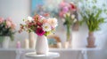 Generative AI Fresh flowers in white vase placed on a small table in bright room interior with paintings potted pl