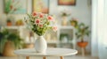 Generative AI Fresh flowers in white vase placed on a small table in bright room interior with paintings potted pl