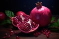 Generative AI, Fresh Juicy whole or half of pomegranate fruit with water drops, still life on dark background. Royalty Free Stock Photo