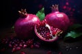 Generative AI, Fresh Juicy whole or half of pomegranate fruit with water drops, still life on dark background. Royalty Free Stock Photo