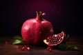 Generative AI, Fresh Juicy whole or half of pomegranate fruit with water drops, still life on dark background. Royalty Free Stock Photo