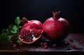 Generative AI, Fresh Juicy whole or half of pomegranate fruit with water drops, still life on dark background. Royalty Free Stock Photo