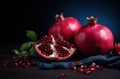 Generative AI, Fresh Juicy whole or half of pomegranate fruit with water drops, still life on dark background. Royalty Free Stock Photo