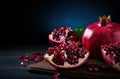 Generative AI, Fresh Juicy whole or half of pomegranate fruit with water drops, still life on dark background. Royalty Free Stock Photo