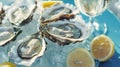 Generative AI Fresh Oysters closeup on blue plate served table with oysters lemon and ice Healthy sea food Oyster Royalty Free Stock Photo