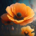 Generative AI: Fresh poppy flower scolored in shades of yellow close up in the meadow