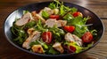 Generative AI Fresh salad with chicken, tomatoes and mixed greens (arugula, mesclun, mache) on wooden background c