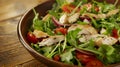 Generative AI Fresh salad with chicken, tomatoes and mixed greens (arugula, mesclun, mache) on wooden background c