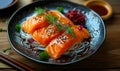 Fresh Sashimi-Style Salmon Slices Served on a Black Plate with Garnish and Soy Sauce on a Wooden Table, Traditional Japanese Royalty Free Stock Photo