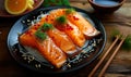 Fresh Sashimi-Style Salmon Slices Served on a Black Plate with Garnish and Soy Sauce on a Wooden Table, Traditional Japanese Royalty Free Stock Photo