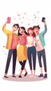 Generative AI Friendly youngsters standing together posing at camera of cell phone having happy expressions and ma