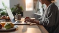 Generative AI Front view of workplace of selfemployed woman or freelancer generic laptop computer resting on woode