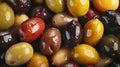 Generative AI Full frame close up variety of oily olives business concept.