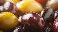 Generative AI Full frame close up variety of oily olives business concept.