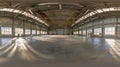 Generative AI full seamless spherical hdri panorama 360 degrees in interior of large empty room as warehouse or ha Royalty Free Stock Photo